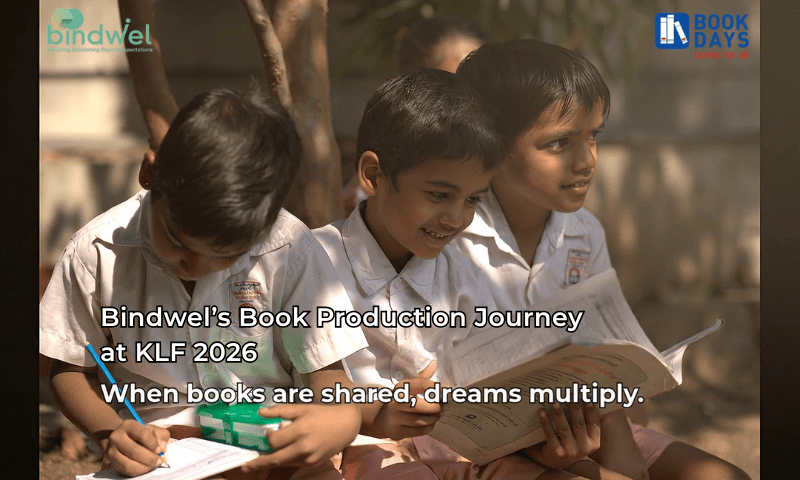 Bindwel’s Book Production Journey at KLF showing how books are written, printed, bound and gifted to children to build reading habits.