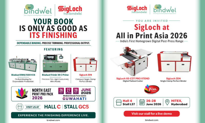 Bindwel and SigLoch print exhibition 2026 invitations for All In Print Asia 2026 Hyderabad and North East Print Pro Pack 2026 Guwahati