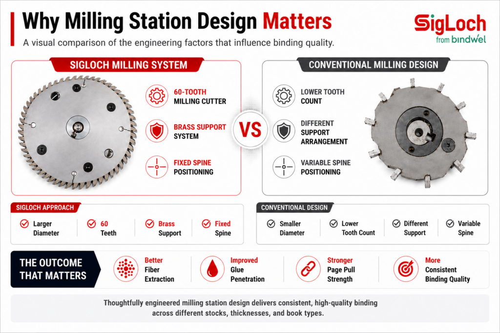 Comparison of SigLoch milling station design and conventional milling systems showing differences in cutter tooth count, support arrangement, and spine positioning.