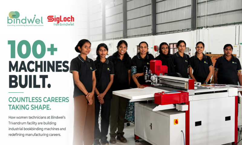 Women engineers in manufacturing assembling SigLoch bookbinding machines at Bindwel's Trivandrum factory