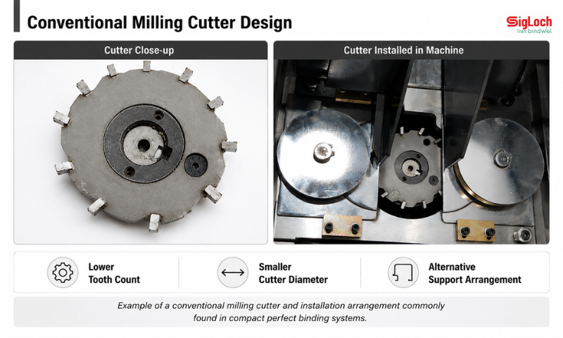 Conventional milling cutter installed inside a compact perfect binder milling station.