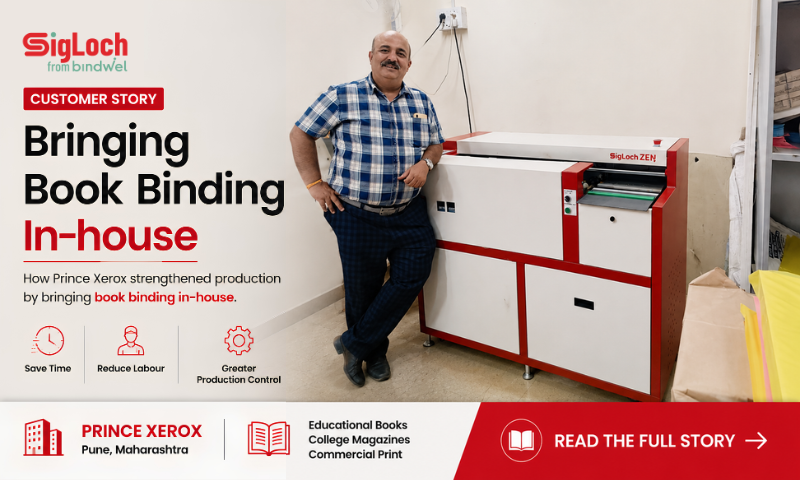 Prince Xerox performing in-house book binding using the SigLoch ZEN to produce educational books and college magazines