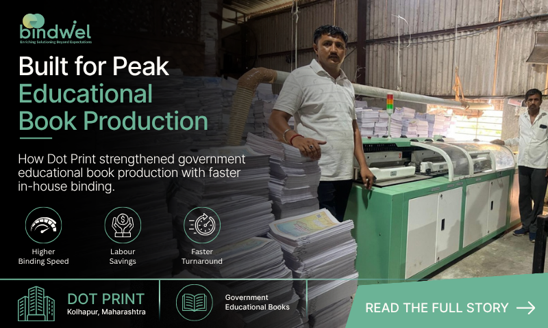 Dot Print Kolhapur using a book binding machine for educational books BW@2500 supporting educational book production Government educational books produced at Dot Print Kolhapur Educational book binding workflow at Dot Print Kolhapur