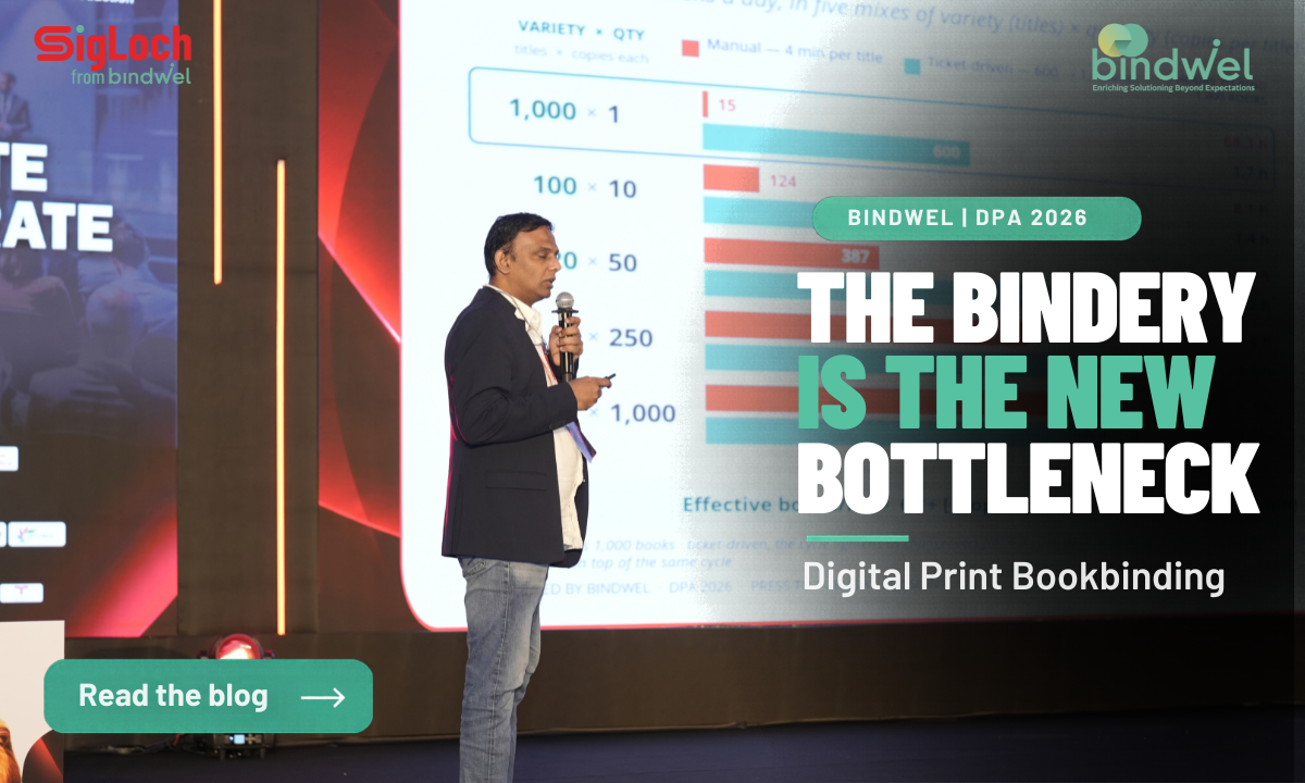 Kishore presenting digital print bookbinding at Digital Print Asia 2026 in Bengaluru